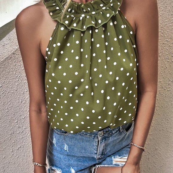 New Polka Dot Print Frill Trim Blouse Green - Picture 2 of 6